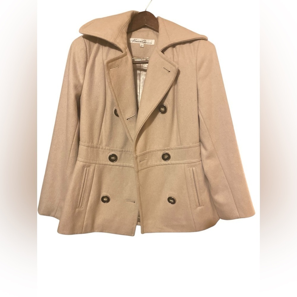 Kenneth Cole Reaction Women Cream Wool Blend Double Breasted Pea Coat Size 2